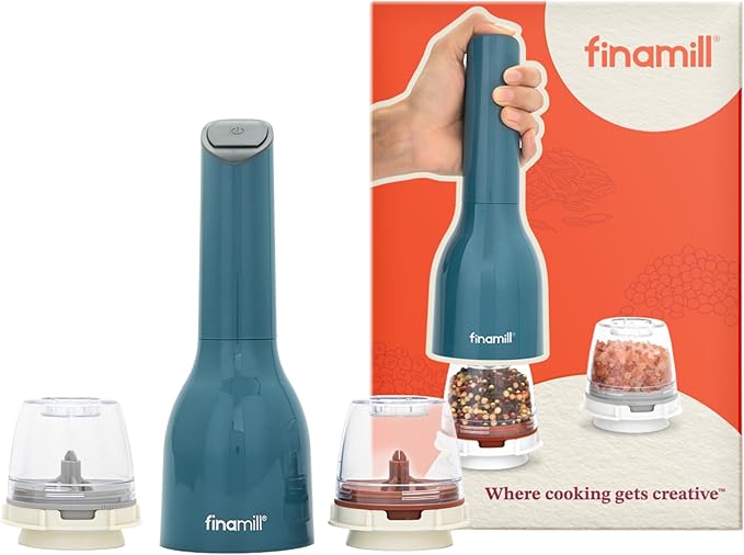 FinaMill Classic Battery Spice Mill – Battery Operated Salt and Pepper Grinder Set, Includes 2 Interchangeable Spice Pods, Adjustable Coarseness, Ceramic Grinder, LED Light, Home and Kitchen Gift Set