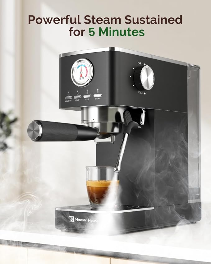 Maestri House Espresso Machines 20 Bar ULKA Pump, Compact Espresso Maker Built-in Flow Meter Steam Milk Frother, 43oz Removable Water Tank Stainless Steel Coffee Machine for Cappuccino (Black)
