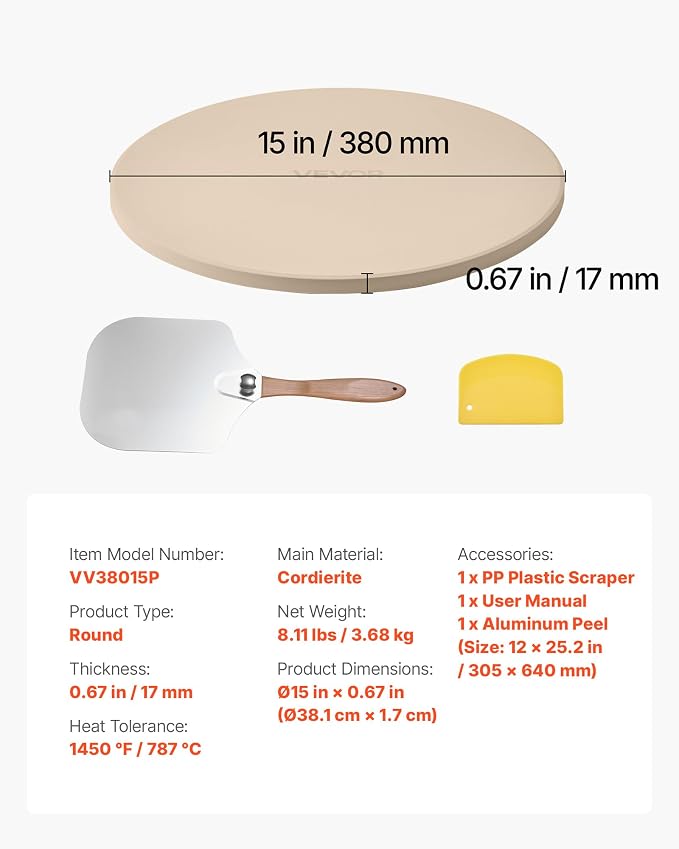 VEVOR Pizza Stone, 15 in Round Pizza Stone, 0.67 in Large Cordierite Baking-Stone with Metal Peel, Scrape, 1450℉ Heat-Resistant Cooking Stones, for Kitchen Oven, Baking Pizzas, BBQ Grill