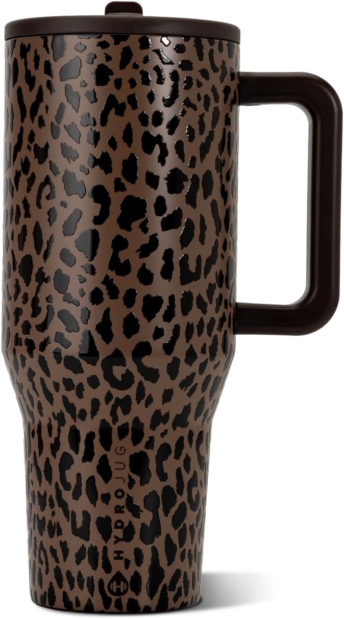 HydroJug Traveler 32oz, Insulated Tumbler with Handle & Straw, Brown Leopard