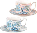 KAMMAK Tea Cups and Saucers Set of 2, Porcelain Coffee Cups, Stackable Espresso Mugs, Ceramic Demitasse for Coffee, Latte, Americano, Tea, Golden Pink + Platinum Blue