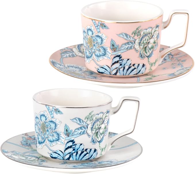 KAMMAK Tea Cups and Saucers Set of 2, Porcelain Coffee Cups, Stackable Espresso Mugs, Ceramic Demitasse for Coffee, Latte, Americano, Tea, Golden Pink + Platinum Blue