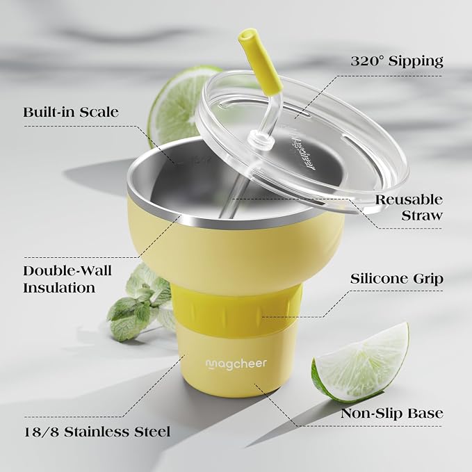 16 oz Stainless Steel Insulated Cocktail Tumbler with Lid and Straw - 320 Sippable Stemless Margarita Wine Cup for Party | Yellow
