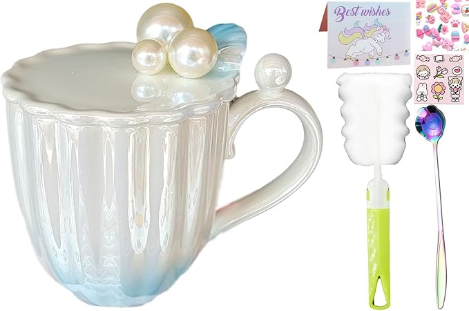 Pearl Ceramic Coffee Mug for Tea Latte Milk Cute Love Shape Cup for Home Office Women Gift 6.5 oz (Shell Pearl Gradient Blue, 420 ml)