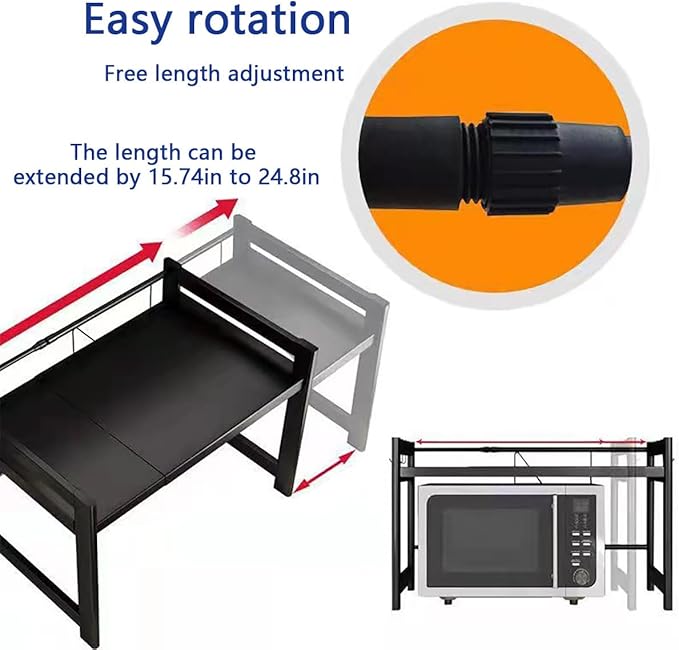 Extendable Microwave Oven Rack, 15.7~24.8" L Expandable Microwave Stand with Storage Shelf Heavy Duty with 6 Hooks and Chopsticks Cutting Board Holder for Kitchen Countertop
