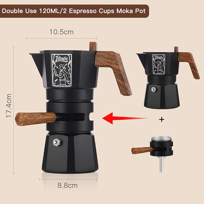 Bincoo 120ML Stovetop Espresso Maker Double Valve Moka Pot with Thermostat Extractor Prevent over-extraction,Italian Espresso Moka Pot with Powder Dispenser and Filter Paper for Home (Black 120ML)