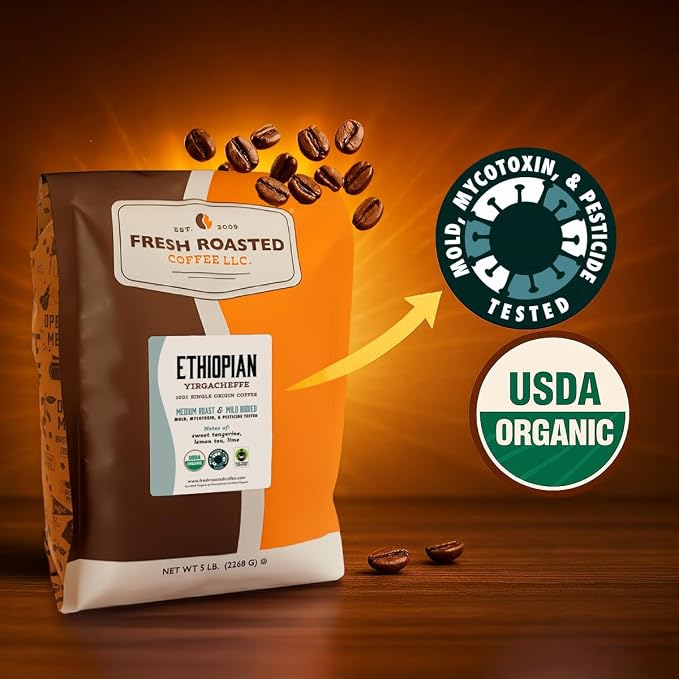Fresh Roasted Coffee, Organic Ethiopian Yirgacheffe Whole Bean Coffee, Light Roast, USDA Organic, 3rd Party Tested for Mold, Mycotoxin & Pesticides, Kosher, 5 lb (80 oz)