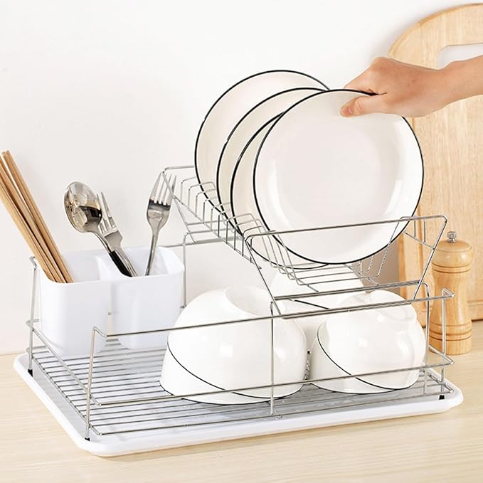 KALLORY 2-Layer Stainless Steel Dish Drying Rack Over Sink, Detachable Kitchen Tableware Drainer and Storage Organizer for Countertop Sink Use