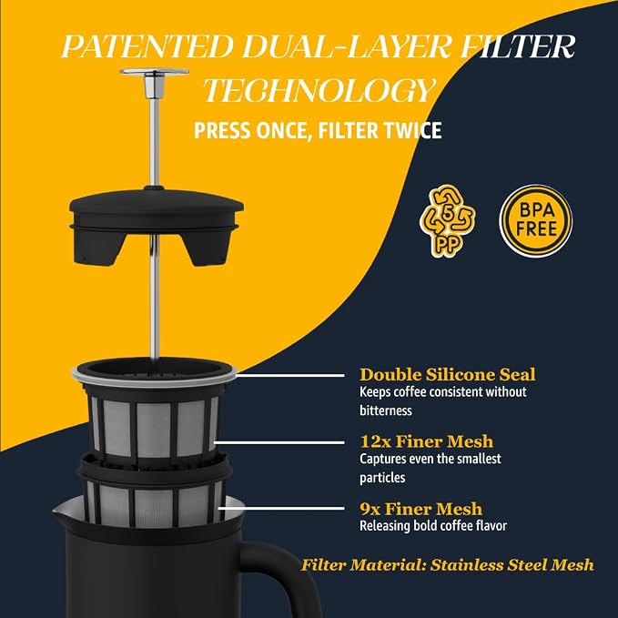 ESPRO Pro P7 French Press Stainless Steel 304 – Patented Double Walled Micro-Filter Insulated French Press Coffee Maker, Grit-Free Brew - Heat Resistant BPA Free Coffee Maker - Matte Black - 32oz