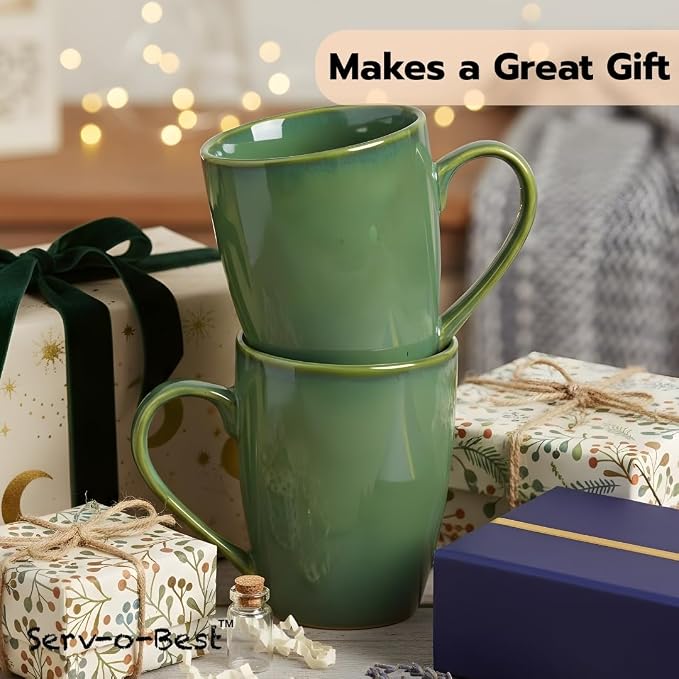 Servo Best Green Coffee Mugs 12 oz, Set of 6 Green Radiant Ceramic Mugs - Lead & Toxic Free, Dishwasher & Microwave Safe, Perfect for Home & Office Use