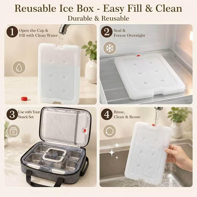 Snackle Box Container with Ice Pack, 304 Stainless Steel Snackle Box Set | 4-piece set, stainless steel, ice pack, insulated bag, fork & spoon, customizable divider system, flexible configuration