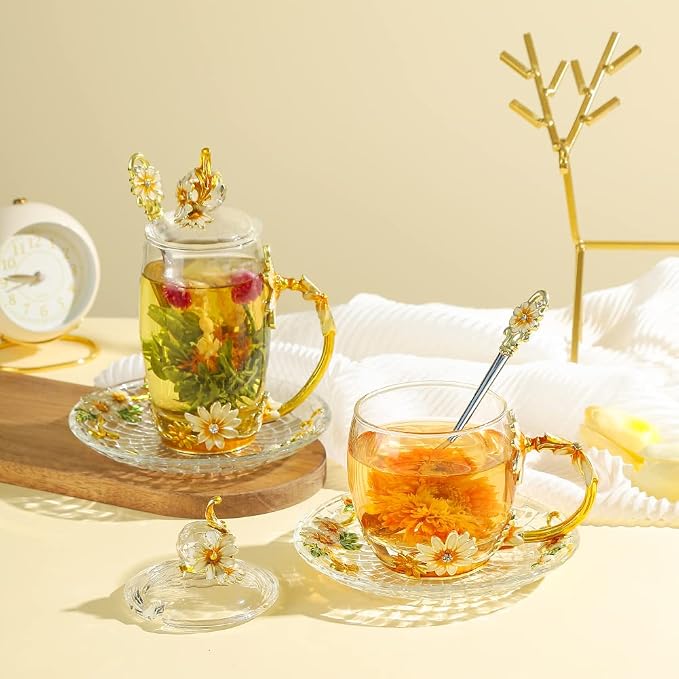 Floral Yellow 12oz Hand Painted Glass Teacup with Lid, Spoon & Saucer - Gift for Mom, Teacher, Lovers - Christmas, Valentine's Day, Mother's Day