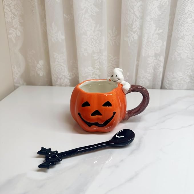 Ceramic Tea Cup and Saucer Set ，6oz 3D Hand-painted Pumpkin and White Ghost Coffee Mug ，Halloween Home Decoration，Gift