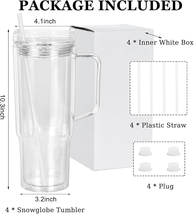 CHLJAR 40 Oz Plastic Snow Globe Tumbler with Handle, 4 Pack Pre-Drilled Double Wall Acrylic Clear For Glitter snow globe Diy, Snowglobe Tumbler Supplies, Double Wall For Glitter Snow Globe