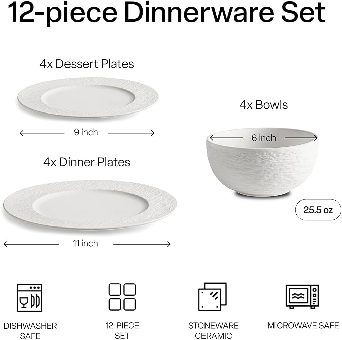 MIAMIO - 12-Piece Dinnerware Set, 4x Dinner Plates (28 cm), 4x Breakfast Plates (23 cm), 4x Bowls (750 ml), 12-Piece Set for 4 People - Microwave and Dishwasher Safe - Oasis Collection (White)