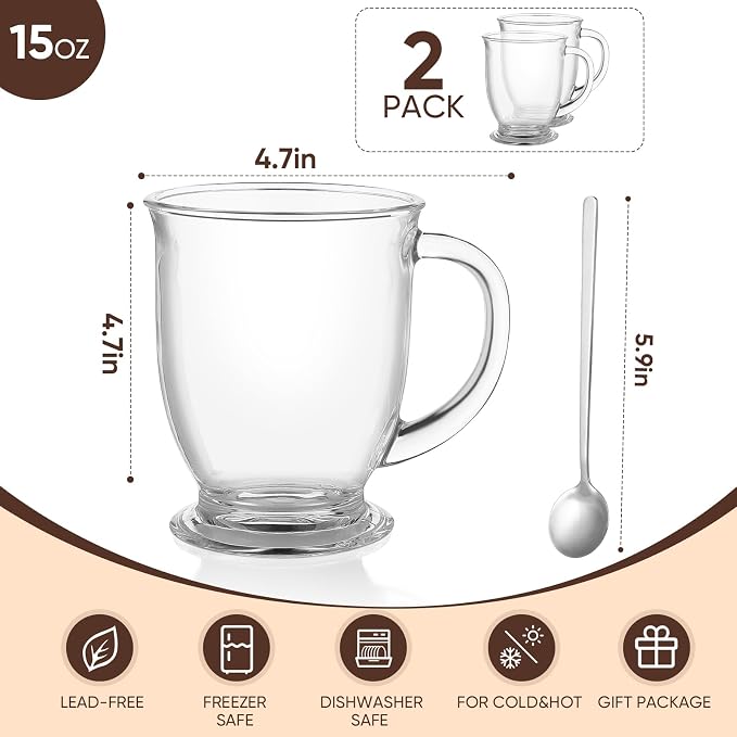 VENVENWEAVS Glass Coffee Mugs Set of 2,15 OZ Lead-free Clear Coffee Cups For Cappuccino,Latte,Tea,Glass Coffee Cups with handles