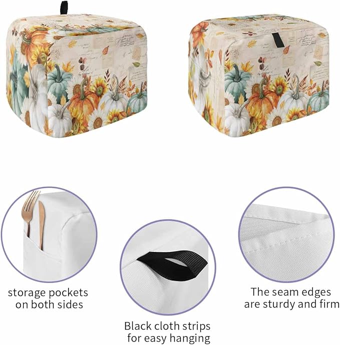 Green Orange Pumpkins Fall Toaster Cover 2 Slice, Thanksgiving Sunflower Dustproof Bakeware Oven Protector with Top Hook, Vintage Waterproof Small Kitchen Appliance Toasters Dust Cover, 11"x6"x8"