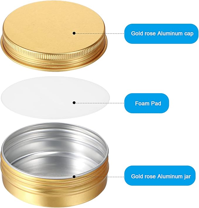 Patelai 2 oz Gold Metal Round Tins Aluminum Tin Cans Salve Tins Containers with Screw Lid 10 Sheets Stickers for Salve Spice Candies Balms Candles, 36 Pack (Classic Style)