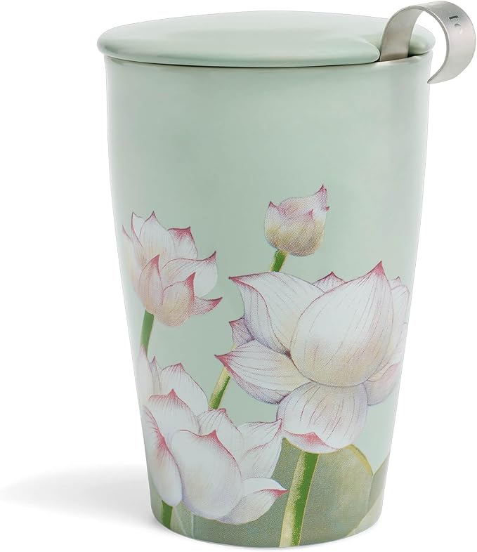 Tea Forte Double-Walled Ceramic Kati Cup, Removable Stainless Steel Infuser Basket and Lid, Steeps 12 oz Loose Leaf Tea, Dishwasher & Microwave Safe, Lotus