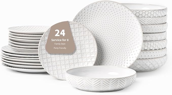FOBENTA 24-Piece Embossed Ceramic Dinnerware Set–8 Dinner Plates, 8 Salad Plates, 8 Pasta Bowls,Elegant & Durable Tableware for Large Families, Dishwasher & Microwave Safe