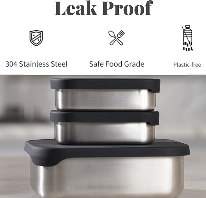 Modaniam 27 OZ Leak proof Stainless Steel Lunch Box containers, Stainless Steel Lunch Containers, Bento box, Metal Lunch Containers, Snacks container, Black, Small - 27 Oz+ 2 * 6.5Oz