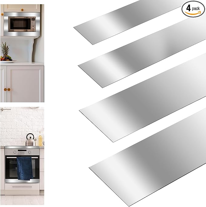 Blulu 4 Pieces 304 Stainless Steel Sheet Gap Filler Gap Shim Stock Metal Trim Strip for Kitchen Wall Oven Microwave Combo Range Cooktop 30'' Long, 1, 2, 3, 5'' Wide, 0.04'' Thick