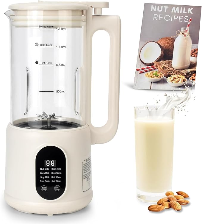 8 in1 Automatic Nut Milk Maker, 40oz Soybean Milk Machine for Homemade Almond, Oat, Soy, Coconut, Plant-Based Milk and Non Dairy Beverages, 12 Hours Timer/Auto-clean/Room Temp/Keep Warm/Boil/Low-Noise