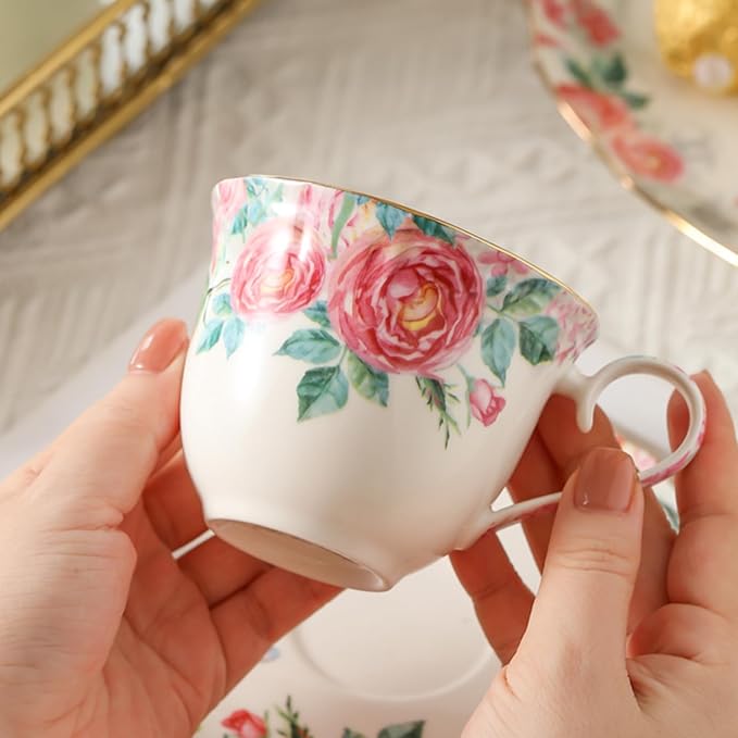 15 Piece British Bone China Tea Cup Sets, Elegant red Rose Pattern, Cups and Saucers Service for 4, with Teapot Sugar Bowl Cream Pitcher Teaspoons for Tea/Coffee, Gifts Set for Adults.