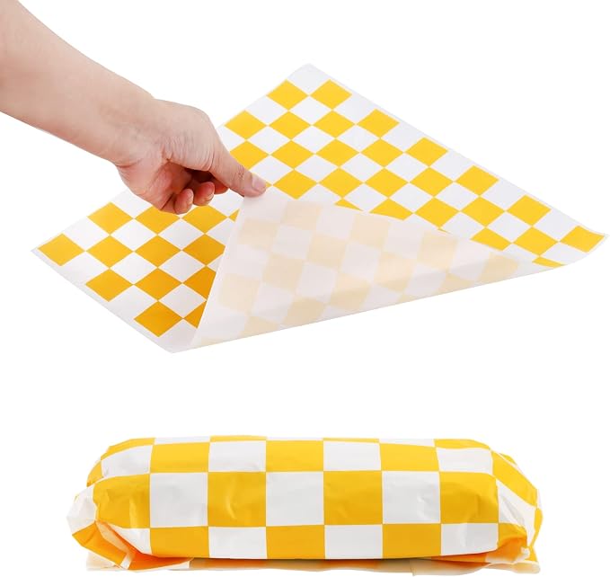 Fasmov 1000 Sheets 12 x 12 inches Sandwich Paper Deli Basket Liner Wrap Food Basket Liners Wrapping Checkered Sheets, Yellow & White