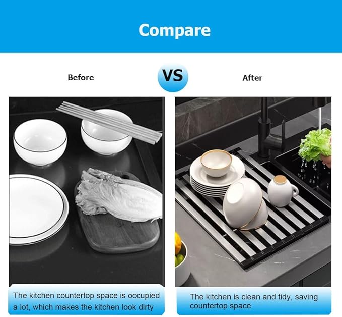 35/38/40/42/45/50/55/60 CM Collapsible 304 Stainless Steel Over Sink Roll up Dish Drying Rack, Foldable Heat-Resistant Dishes Drainer(L 60cm/23.6in)