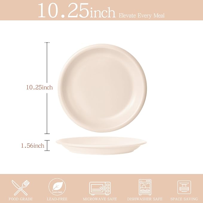 Timeworn Clay Dinner Plates, Set of 4, 10.25-Inch, Creamy White | Hand-Finished, Stoneware, Large Main Course Plate, Microwave and Dishwasher Safe
