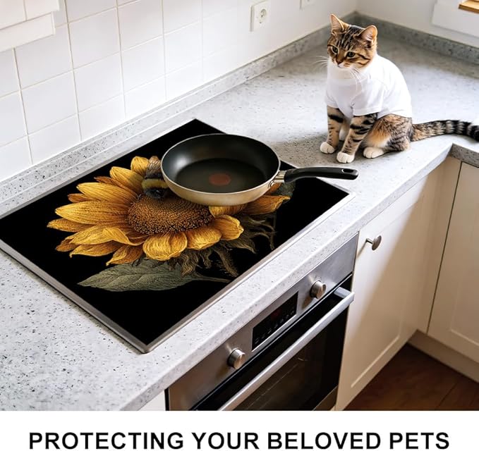 Stove Top Cover for Electric Stove 28.4 x 20.5 Inch Non Slip Stove Mat Oil Proof Sunflower Bee Glass Cooktop Protector Kitchen Counter Mat