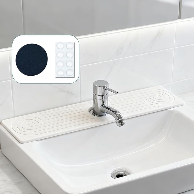 Hopegiver Stone Faucet Mat for Kitchen Sink - Fast Drying Diatomite Sink Protector Prevent Moisture, Super Water Absorbing Stone Tray for Kitchen & Bathroom Counter (White, 23.6"x5.1")