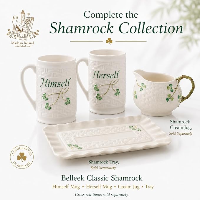 Belleek Classic Himself & Herself 12 oz Irish Coffee Mug Set, Handcrafted Parian China Cups, Shamrock Design, Set of 2, White