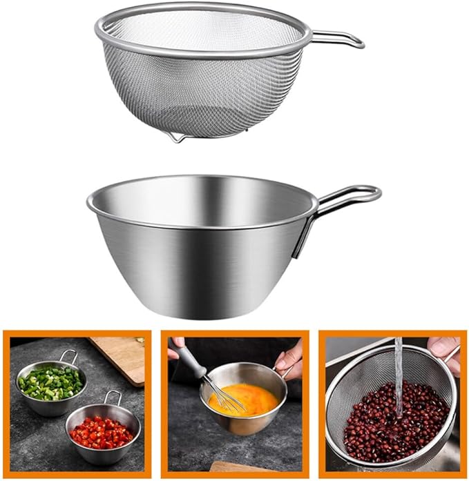 BESTonZON 1set Stainless Steel Rice Rinser Strainer with Handle Fine Mesh Sieve Drainer for Kitchen Use for Washing Rice Fruits and Vegetables and Easy to Clean