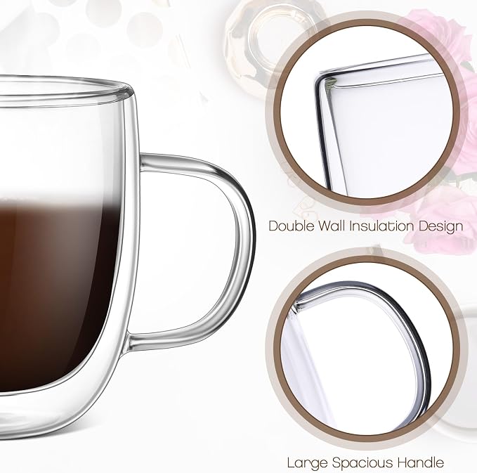 Gerrii Double Walled Glass Coffee Mugs with Handle 10 oz Insulated Borosilicate Glass Cappuccino Mugs Clear Espresso Cups for Home Office Coffee Tea Espresso Latte Milk and Hot Cold Beverages(24 Pack)