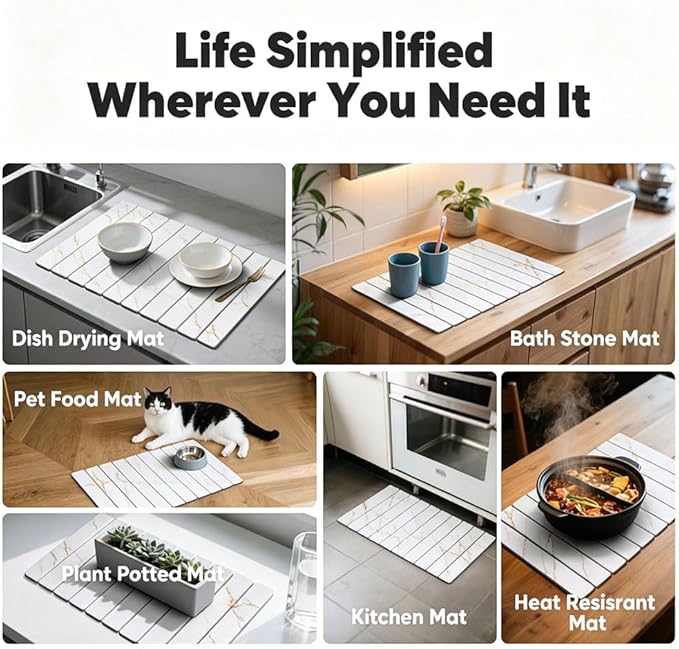 Stone Drying Mat for Kitchen Counter, Quick Diatomaceous Earth Mats for Dishes, 23.6"L x 15.7" W Super Absorbent Fast-Drying Collapsible Countertop Stone Mat (Marble Gold White, 24" x 16")