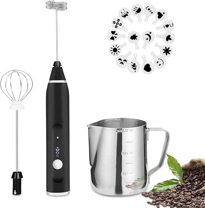 FITNATE Rechargeable Electric Foam Maker Drink Mixer 3 Speeds with 2 Stainless Steel Whisks, Frother for Coffee, Hot Chocolate, Latte, Cappuccino, Includes Frother Cup