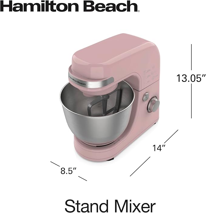 Hamilton Beach 4 Quart Electric Stand Mixer With 7 Speeds | Planetary Mixing For Full Bowl Coverage | Splash Guard | 300 Watts | Whisk, Flat Beater, Dough Hook | Rose