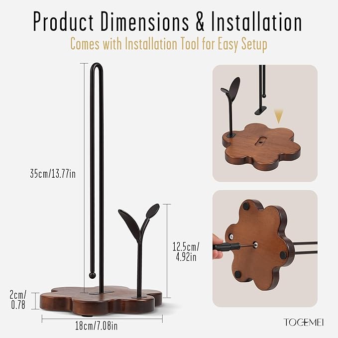 Wooden Paper Towel Holder Countertop, Floral Base with Dual Iron Rods in Antique Brown Finish, Leaf-Shaped Accent, Stable & Durable, Non Slip Pads, Elegant Kitchen/Dining Décor