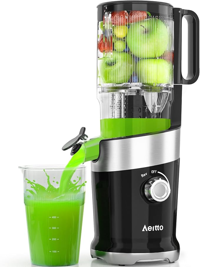 Aeitto Cold Press Juicer, Juicer Machines with 4.9" Large Feed Chute, Fits Whole Vegetables and Fruits, Professional Juice Maker, Easy to Clean, High Juice Yield, Easy to Assemble