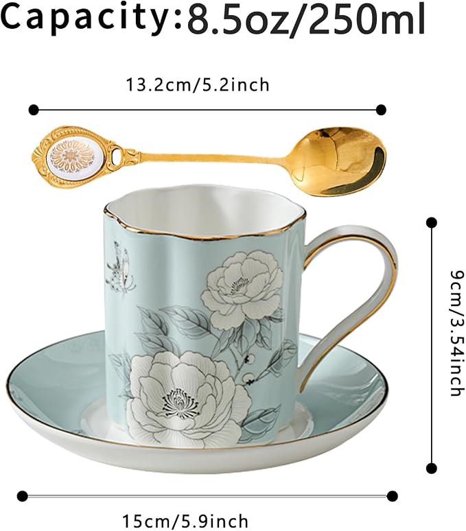 Floral Tea Cup and Saucer Set, Bone China Cup and Saucer with Spoon, Elegant Porcelain Coffee Cup with Gold Trim, Food Grade Coffee Mug for Women, Tea Party, Gifts Giving, 8.5 oz