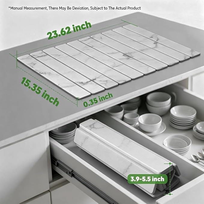 Stone Drying Mat for Kitchen Counter, Quick Diatomaceous Earth Mats for Dishes, 23.6"L x 15.7" W Super Absorbent Fast-Drying Collapsible Countertop Stone Mat (Marble White, 24" x 16")
