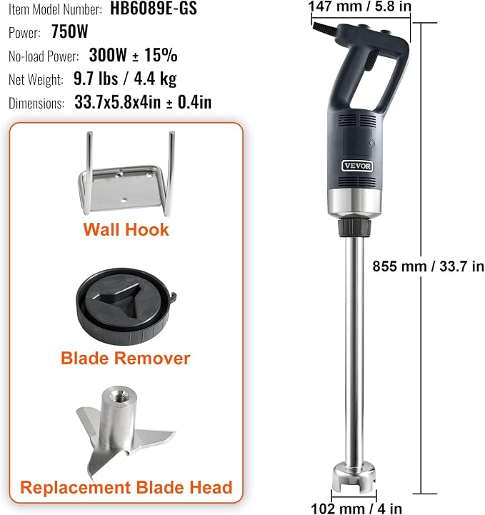 VEVOR Commercial Immersion Blender, 750W 20" Heavy Duty Hand Mixer, Variable Speed Kitchen Stick Mixer with 304 Stainless Steel Blade, Multi-Purpose Portable Mixer for Soup, Smoothie, Puree, Baby Food