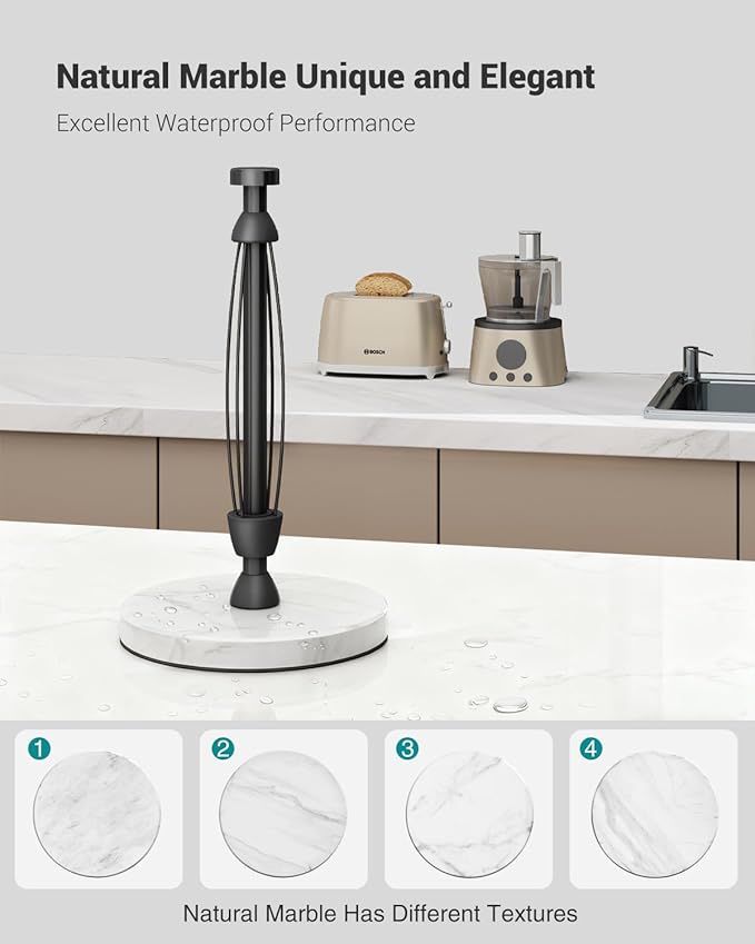 Paper Towel Holder Countertop, Marble Weighted Base, Glossy Black, One-Handed Tear, Freestanding Paper Towel Stand Rack with Ratchet Mechanism for Kitchen Toilet Bathroom Essentials Decor Accessories