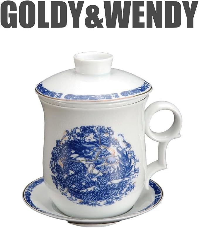 GOLDY&WENDY Exquisite Chinese Dragon Pattern Ceramic Tea Mug Set Porcelain Tea Cup with Infuser Lid and Saucer