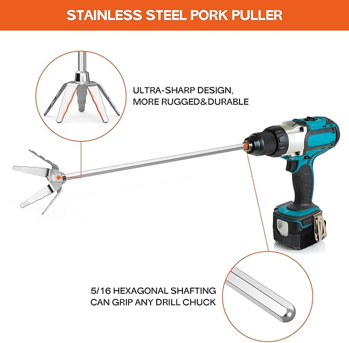 onlyfire 3 Inch Stainless Steel Pork Puller, Ultra-Sharp Meat Fork Meat Shredder Used with Standard Hand Drill for Beef, Chicken, Potato Masher and Tamale Meat