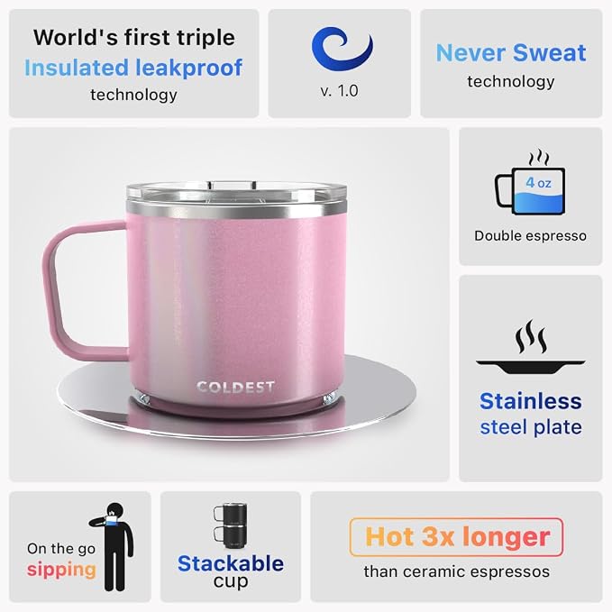 Stackable Insulated Espresso Cup with Saucer by Coldest - Insulated Triple Wall Travel Stainless Steel Travel Double Shot Espresso Coffee Mug with Sliding Lid (4 oz, Forever Pink Glitter)