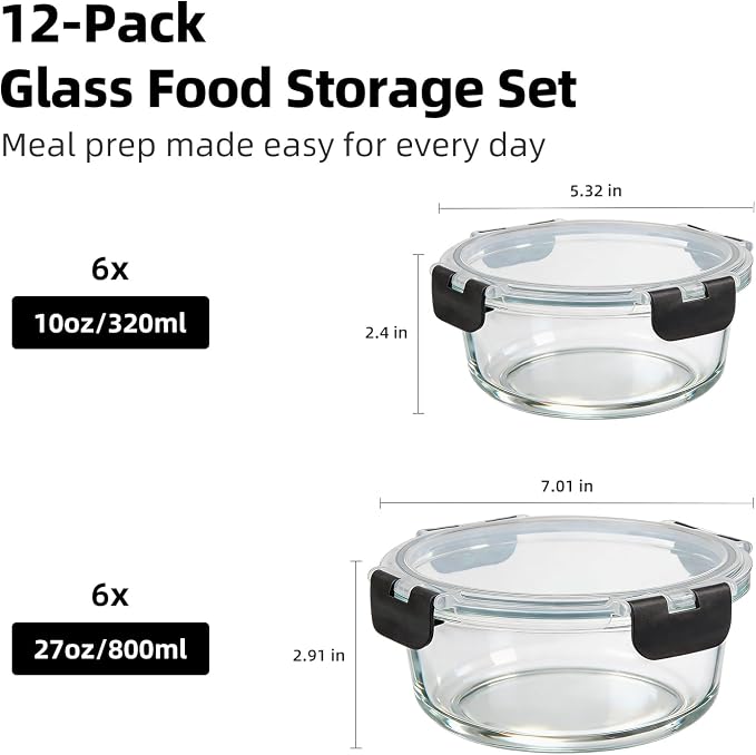 Konokyo Round Glass Food Storage Containers with Lids, 12 Pack Airtight Leakproof Meal Prep Containers, BPA-Free, Microwave Oven Freezer & Dishwasher Safe, Assorted Sizes