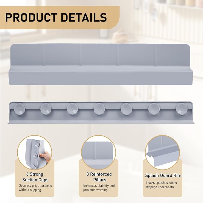 Kitchen Sink Splash Guard 23" Self-Draining Silicone Water Guard with High Splash Wall & Strong Suction Cups for Faucet, Countertop & Sink Edge, Keeps Sinks Dry, Dishwasher Safe (Gray)